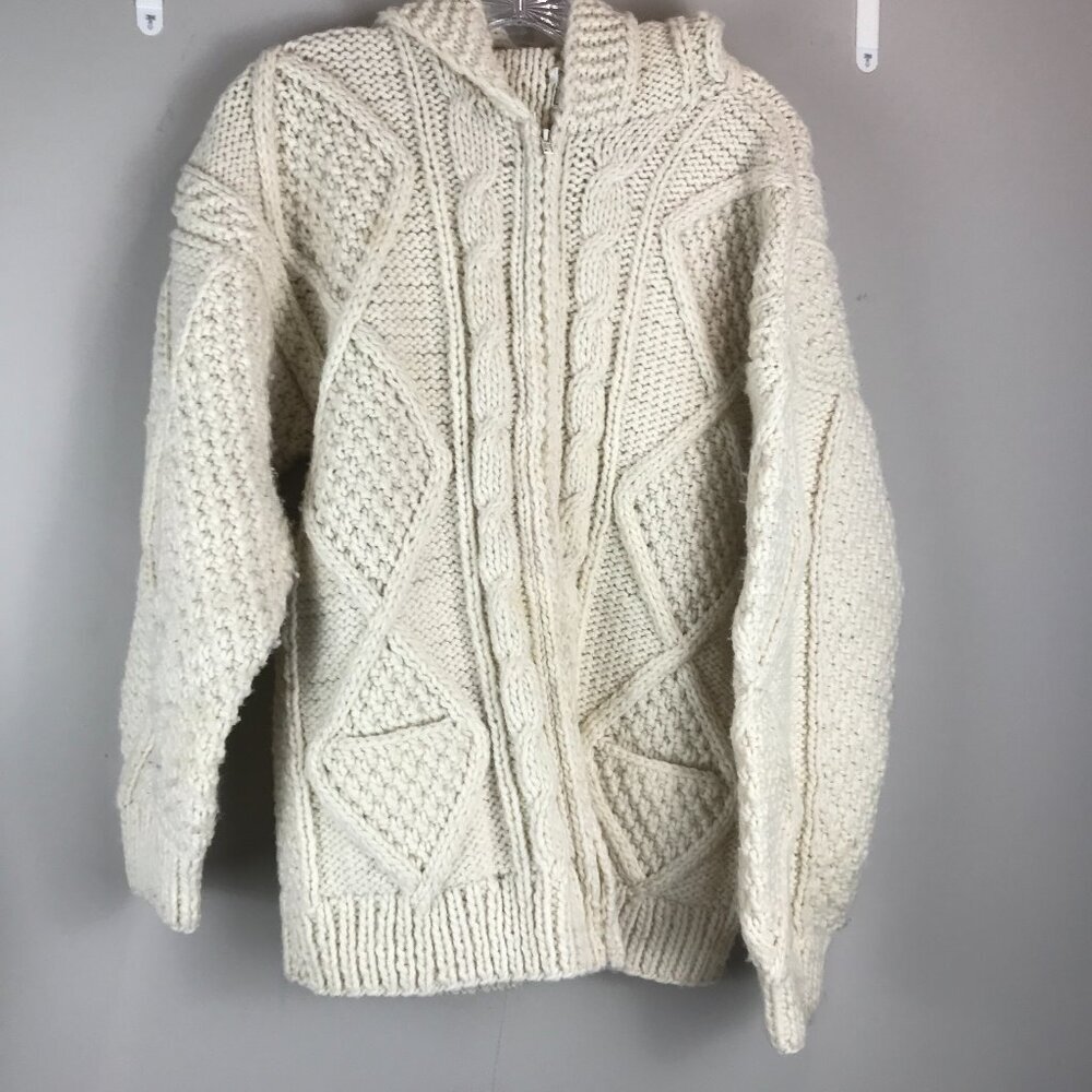 Artesanias Lema Women's Wool Hooded Full Zip Beige Sweater Size M
